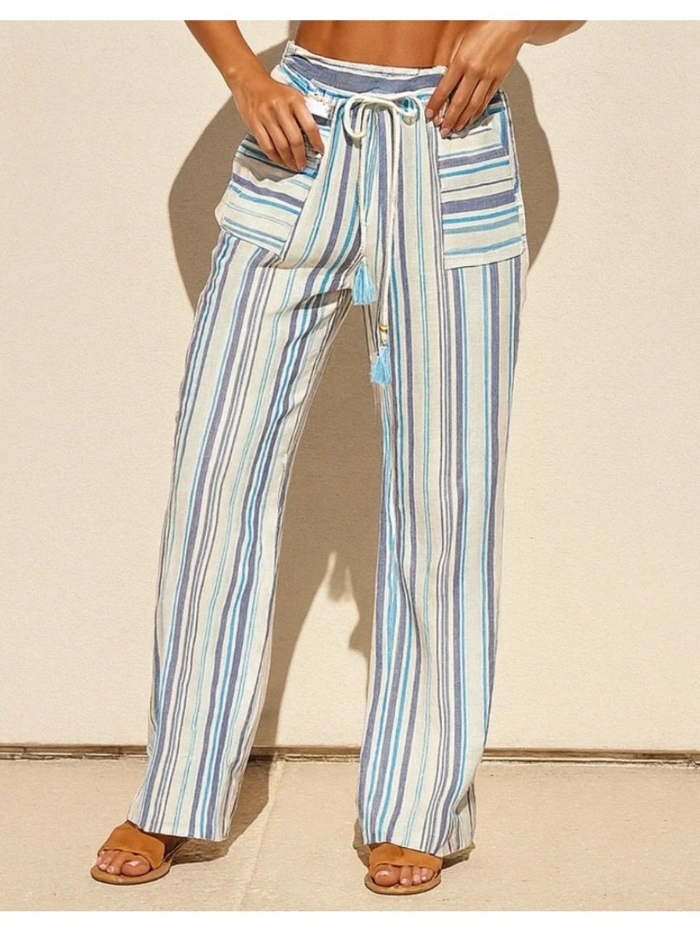 Beau Dawson Linen Blend Blue and White Stripe Tassel Wide Leg Pants Size M